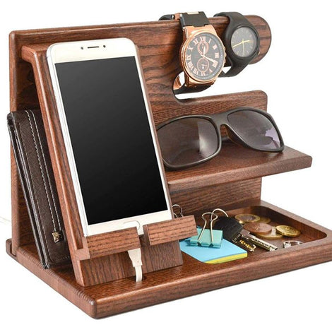 Wooden Phone Docking Station Ash Key Holder, Wallet Stand and Watch Organizer