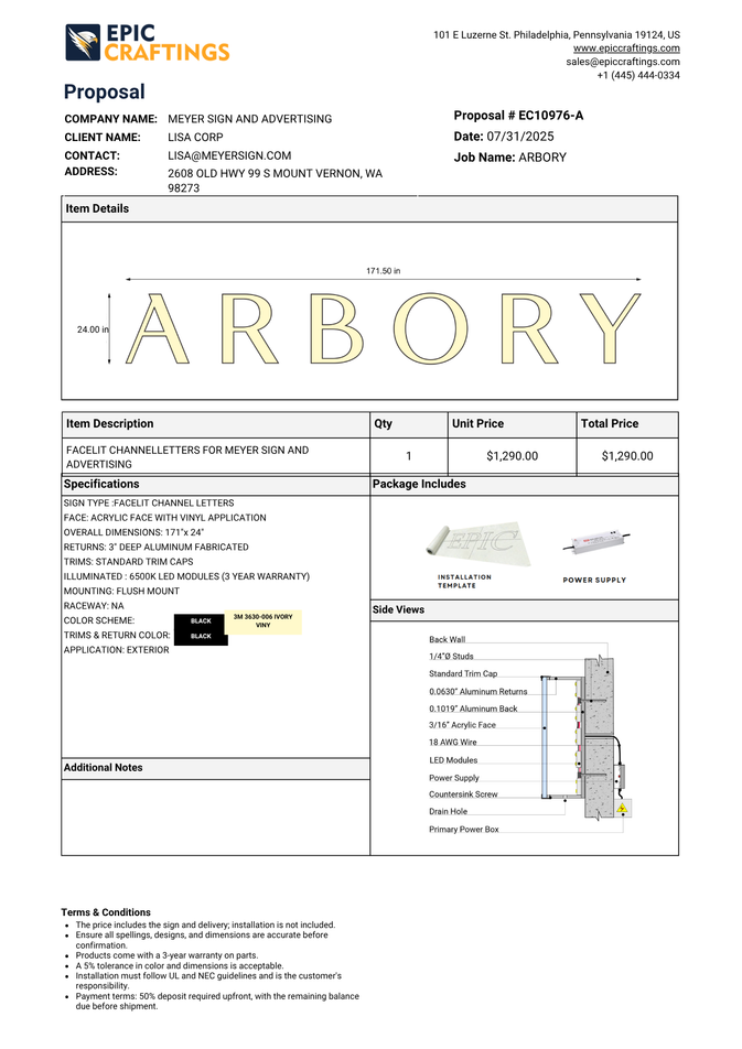 (EC10976) FACELIT CHANNEL LETTERS For Meyer Sign and Advertising (Reamining Deposit)