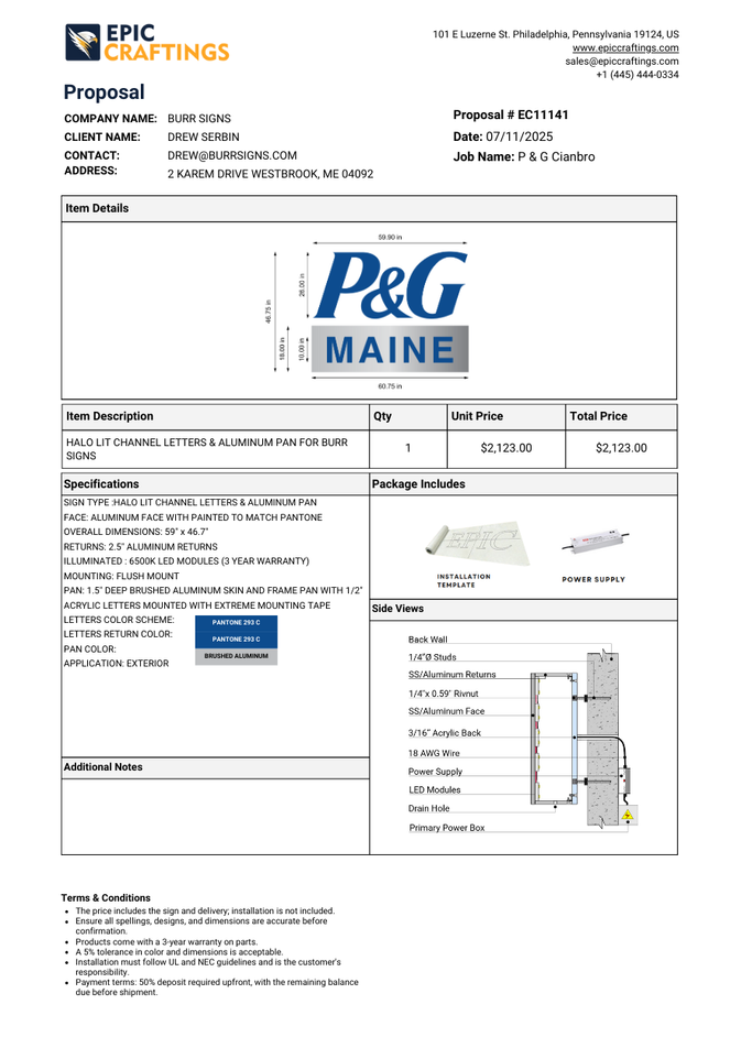 (EC11141) HALO LIT CHANNEL LETTERS & ALUMINUM PAN For Burr Signs  (50% Deposit )