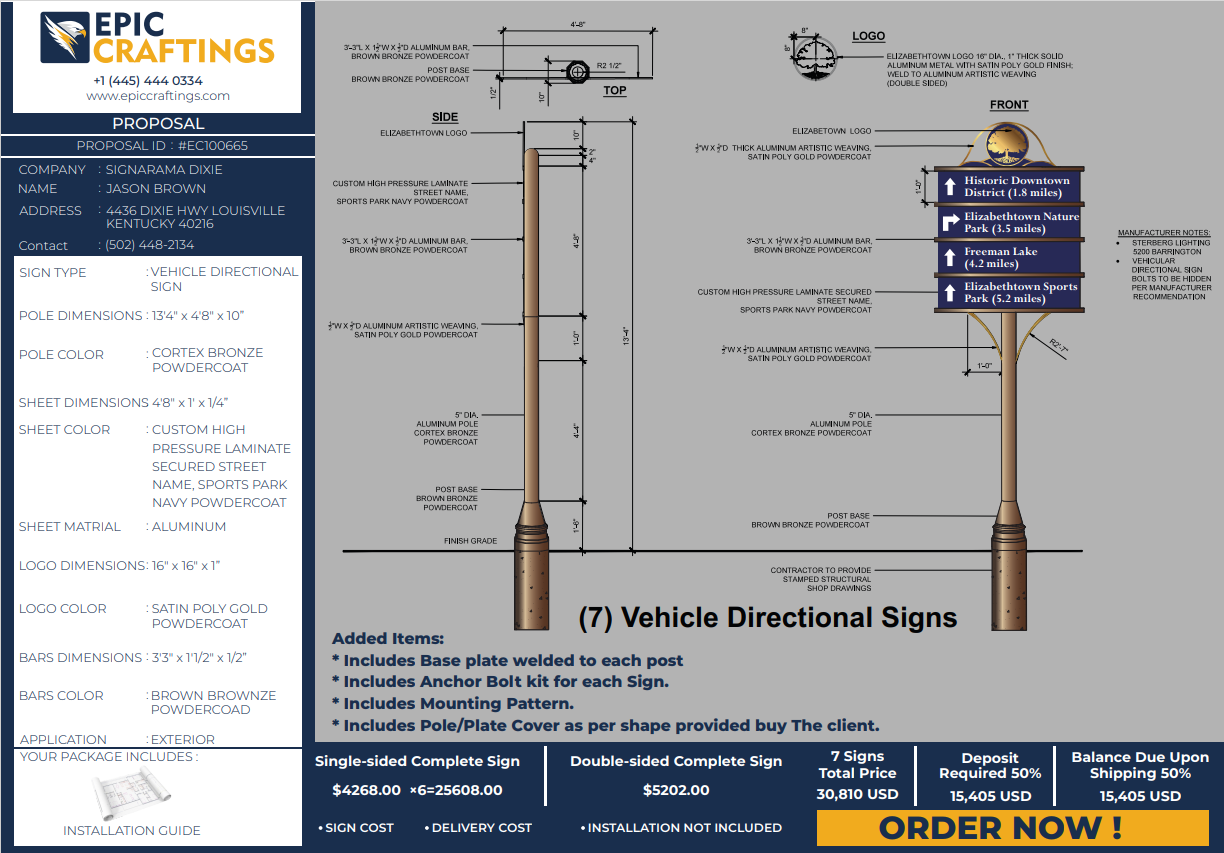 (#EC100665)  VEHICLE DIRECTIONAL SIGN FOR JASON BROWN (Final Payment)